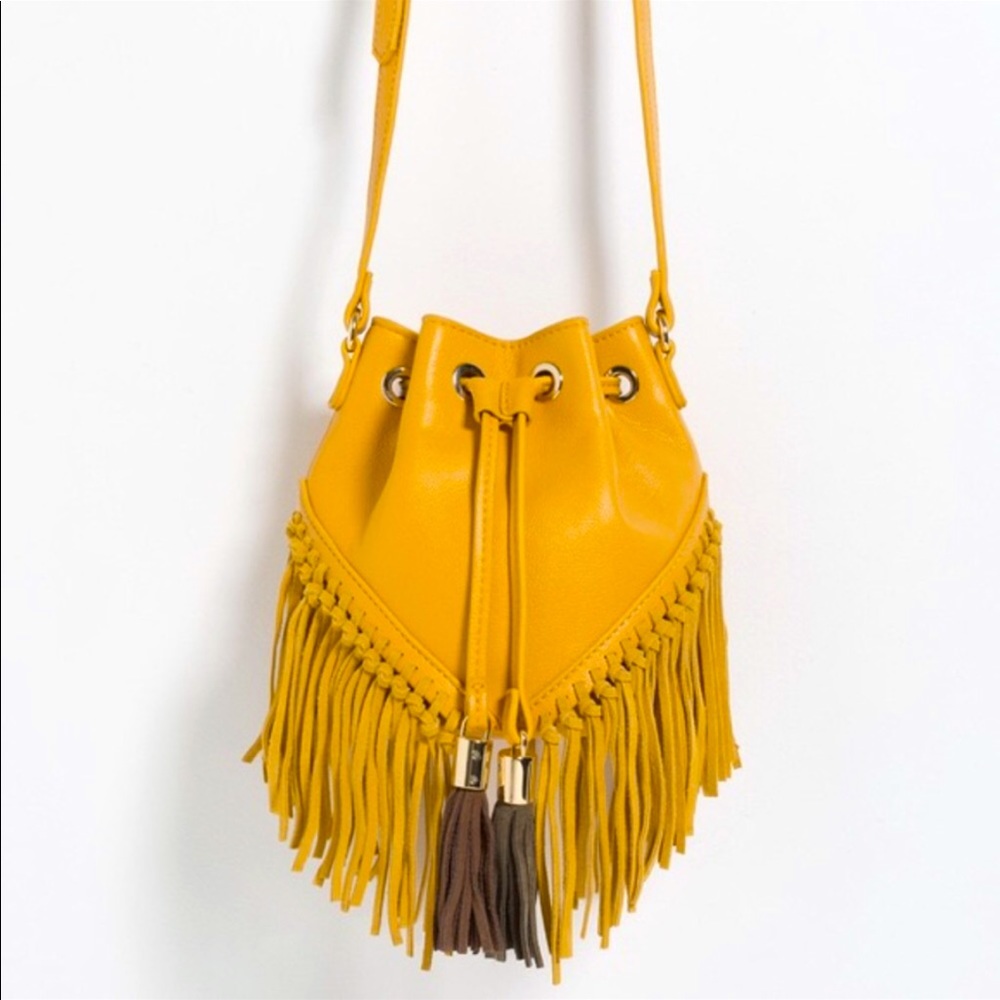 Zara yellow fringe bucket bag with tassel